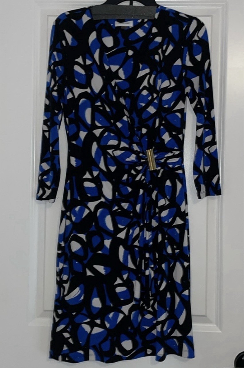 Calvin Klein Blue Black White Abstract V-Neck Sheath Dress 3/4 Sleeve Buckle 8