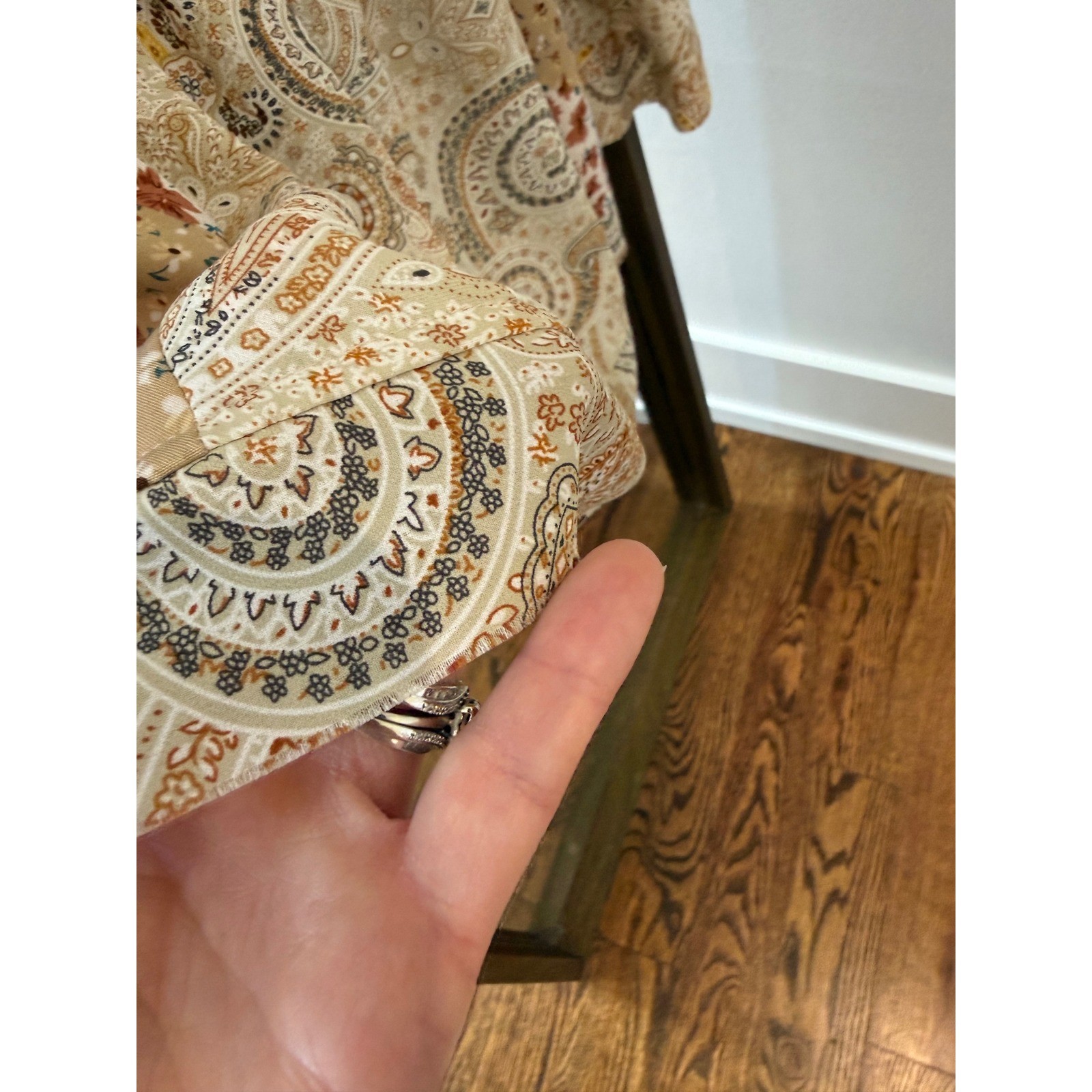 Boho Easel Patchwork Paisley Ruffle Mini Dress Earth Tones Bell Sleeve Boho L