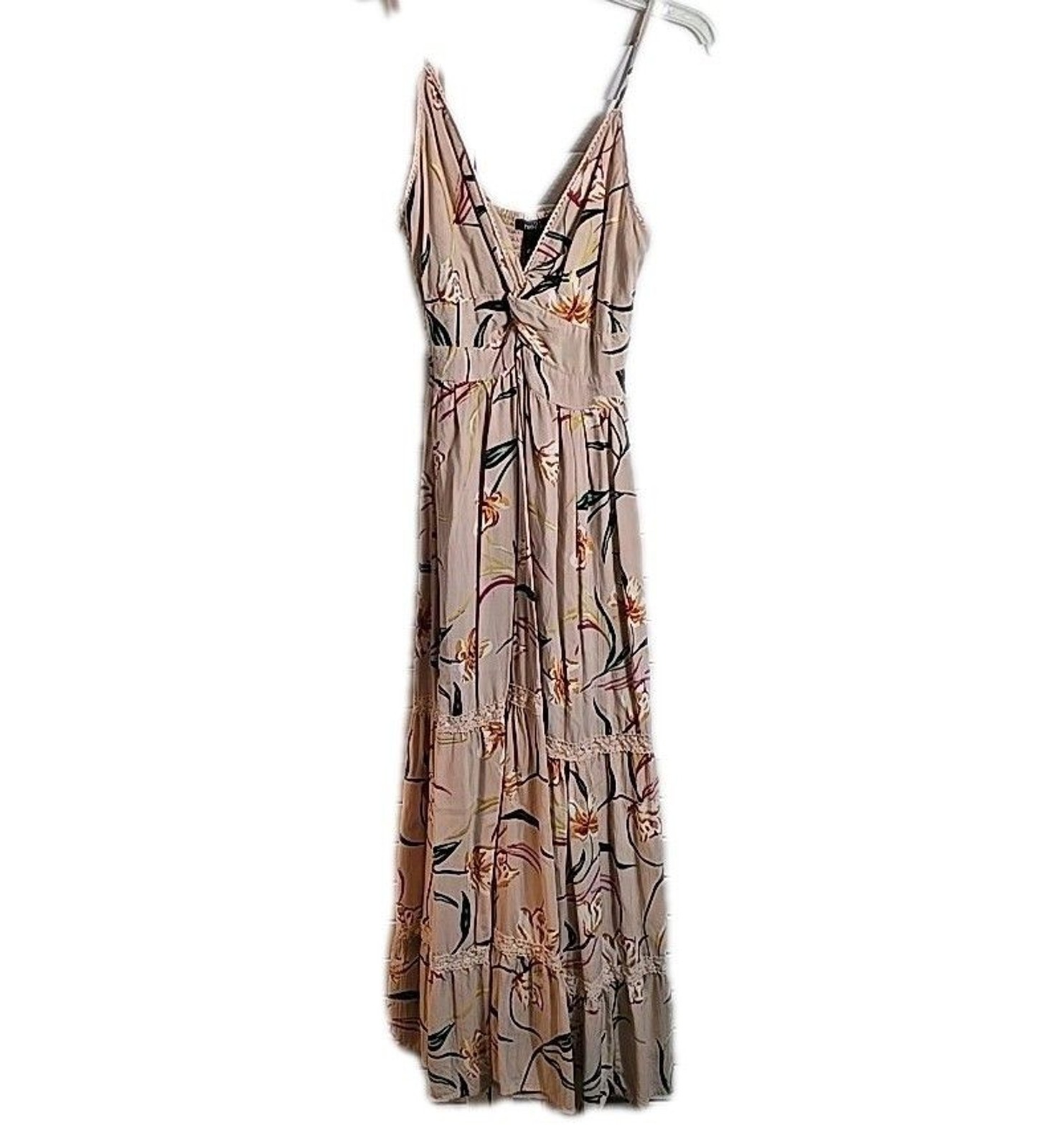 Rue21 Womens Maxi Dress Size L Beige Tropical Print Layered Hem Adjustable Strap