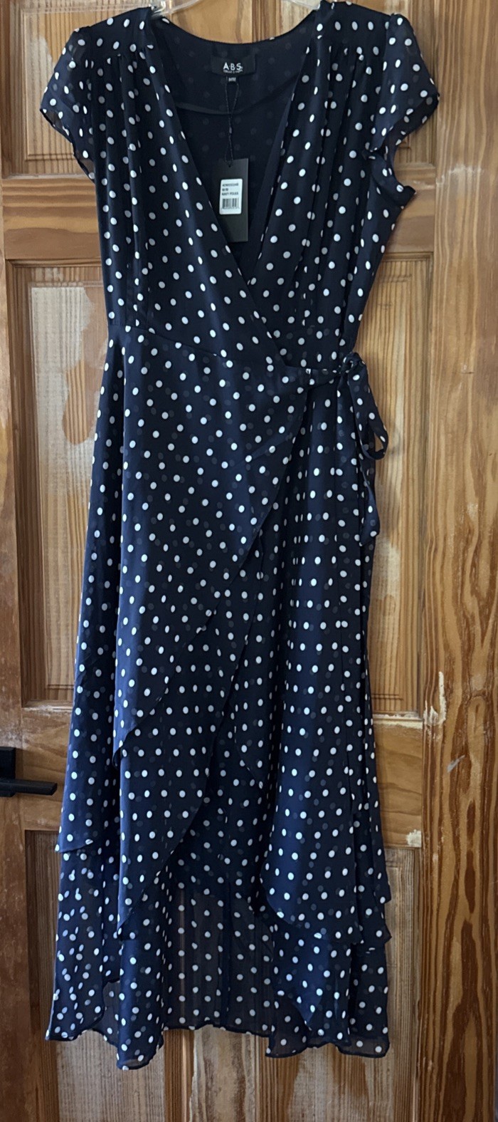 M ABS Collection Allen B. Schwartz Navy Polka Dot Ruffle Lined Midi Wrap dress