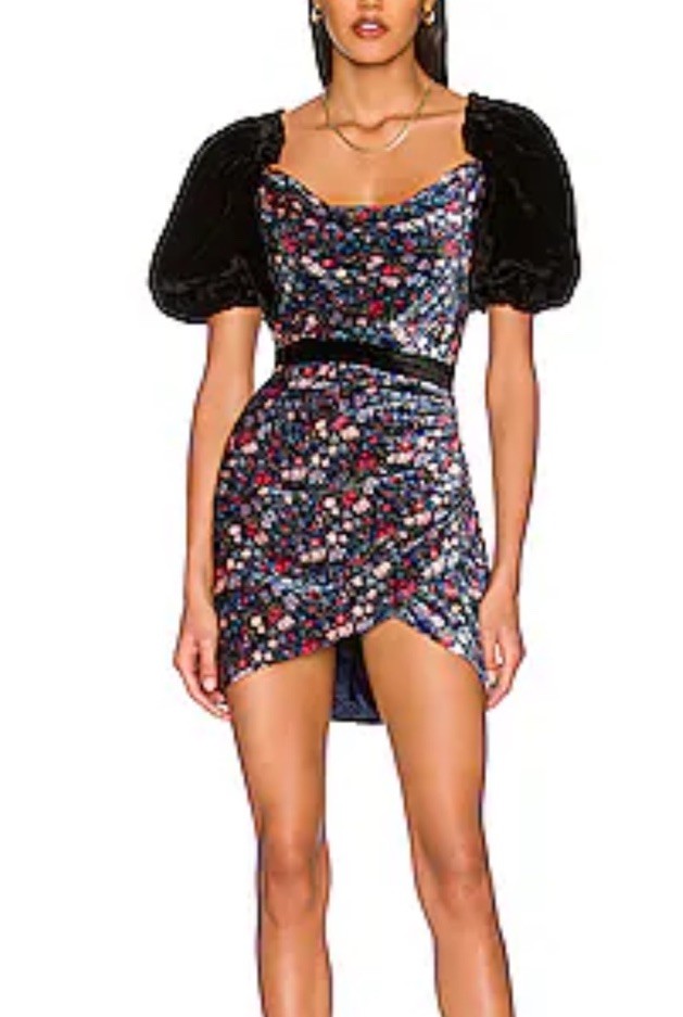 Tularosa Women’s Maelie Floral Blue Velvet Mini Dress Puff Sleeves Size Small