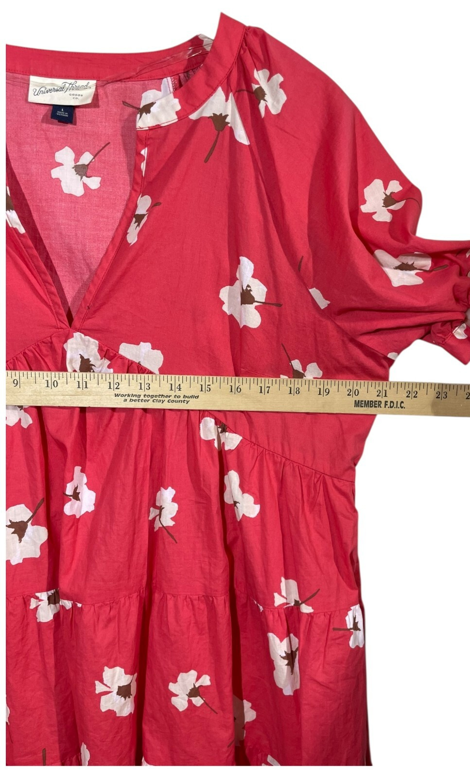 Universal Thread Puff Sleeve Floral Tiered Babydoll Dress Sz L Coral Beach Boho