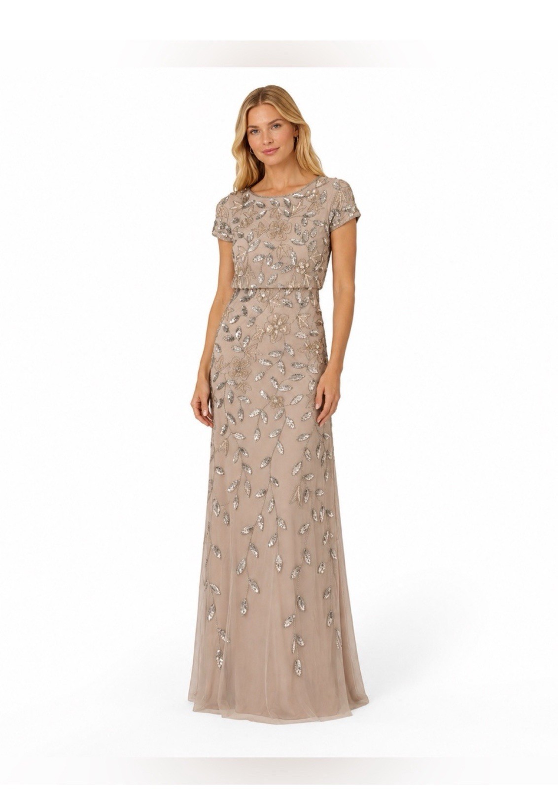Adrianna Papell SZ 12 NWT Taupe Silver Beaded Floral Blouson Gown GALA MOB Party
