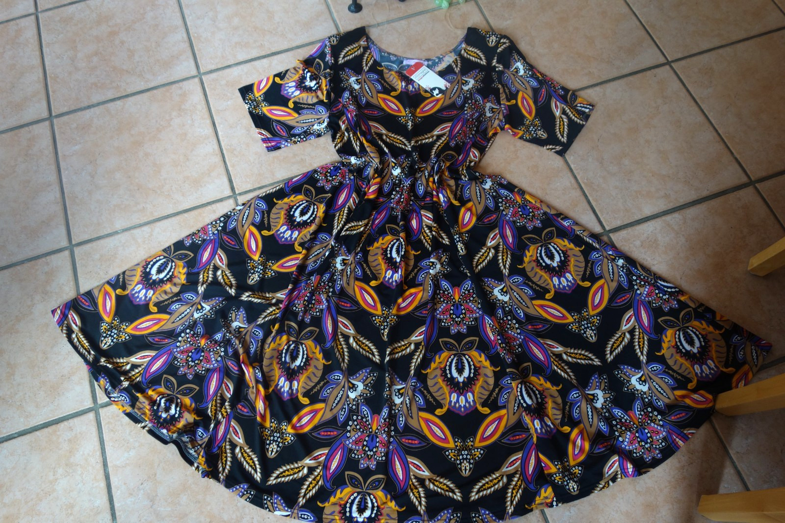 Magna summer dress 48 50 new black Multicoloured Floral Leaves Stretch A Line LAGENLOOK