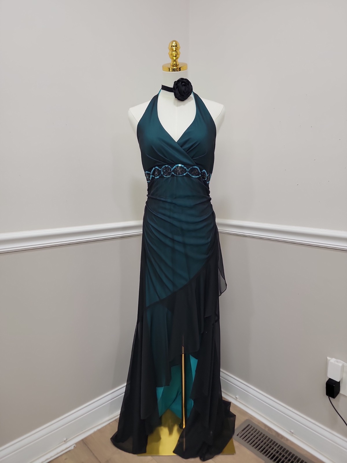 Vintage Y2K City Triangles Green Black High Low Halter Dress Whimsigoth Womens L