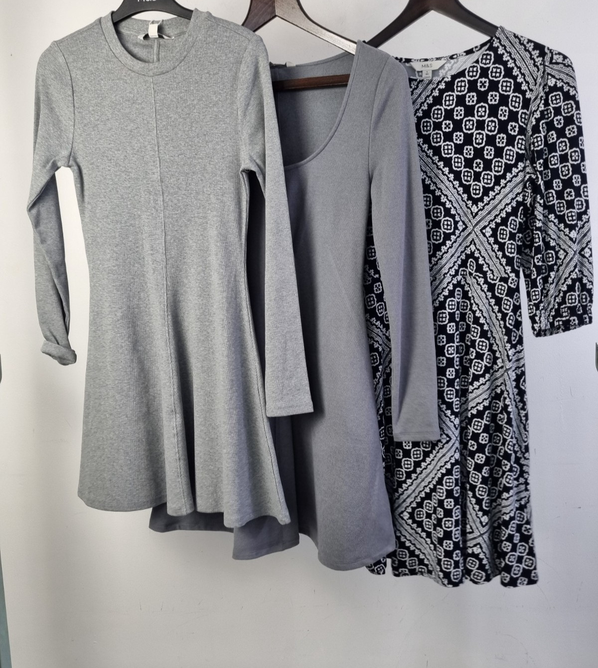 M&S 3Pcs Bundle Size 6 Grey Rib Skater Dress Black Print Knee Length Dress New