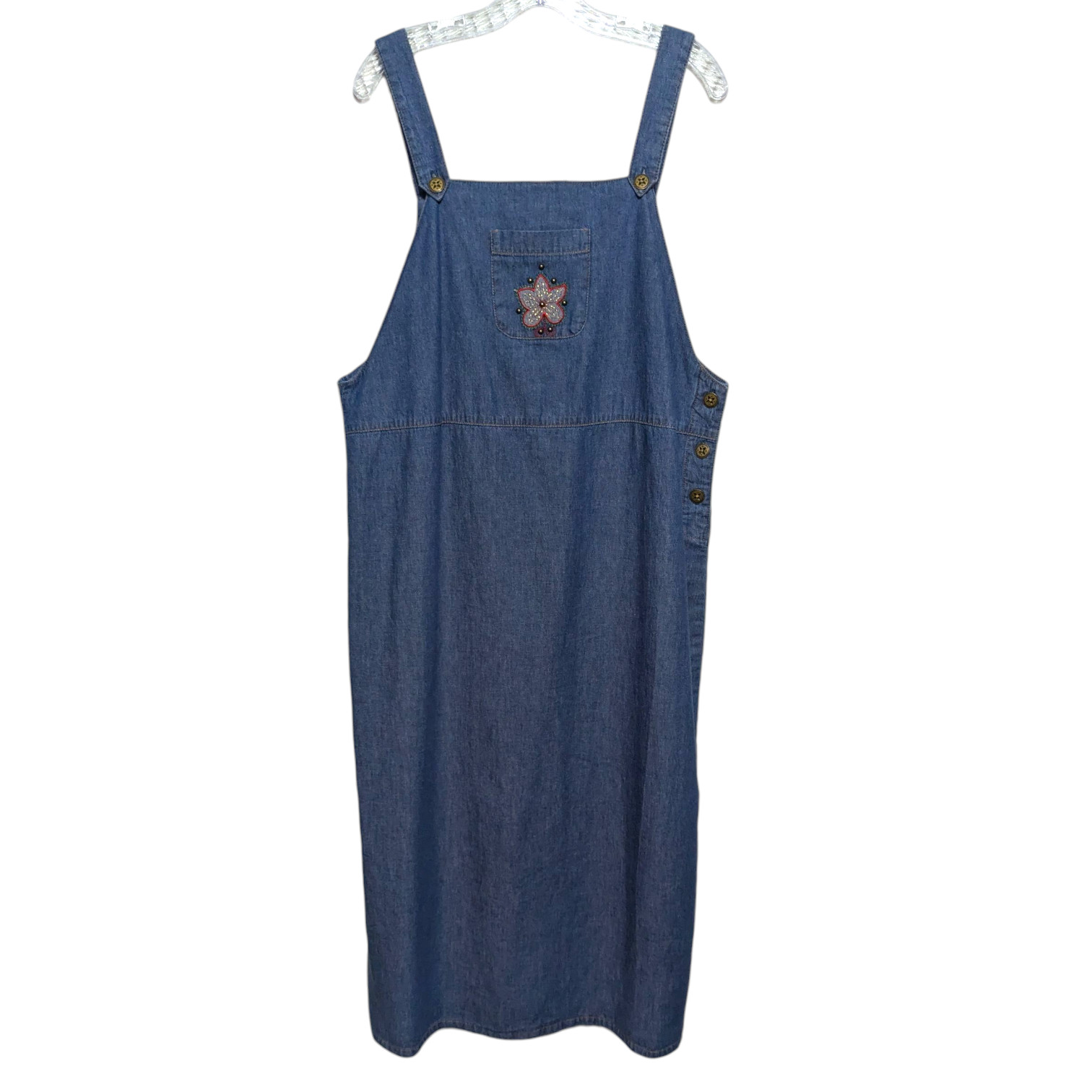 VTG 90s Denim Jean Overall Dress 14/16 Maxi Embroidered Flower Jumper Teacher