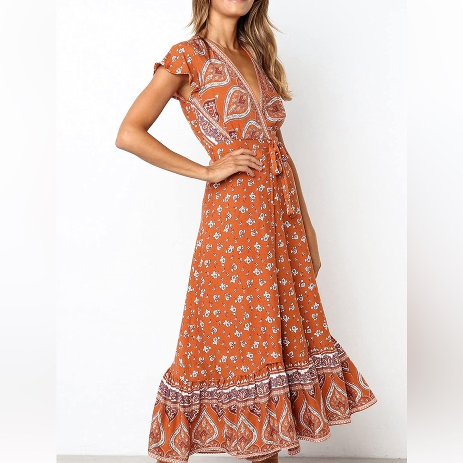 Maxi Dress Medium Boho Wrap Cottage Floral Long dress Vacation cruise romantic