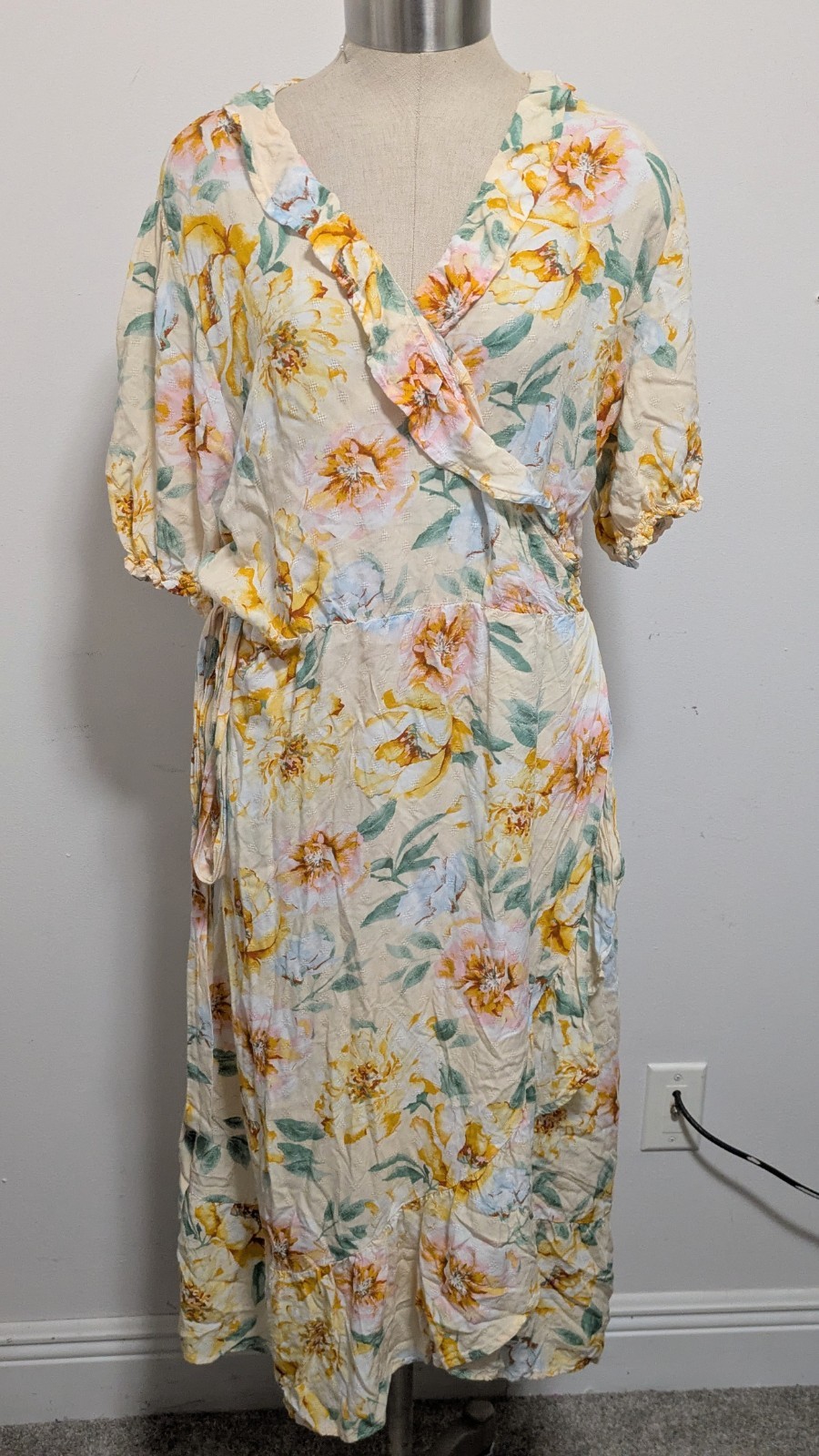 Old Navu Yellow Floral Midi Wrap Dress Size XL Ruffle Trim Sundress Feminine