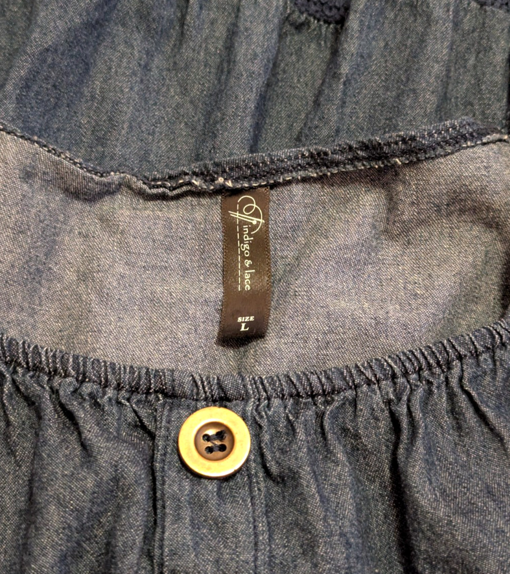 Indigo & Lace Chambray Denim Tiered Dress Smocked Waist Puff Sleeve Women’s L