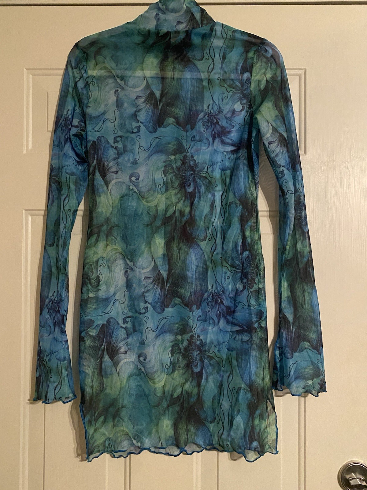 Sexy See through Mesh Mini Summer Dress Ethereal Print Sheer Y2K Cyber Grunge L