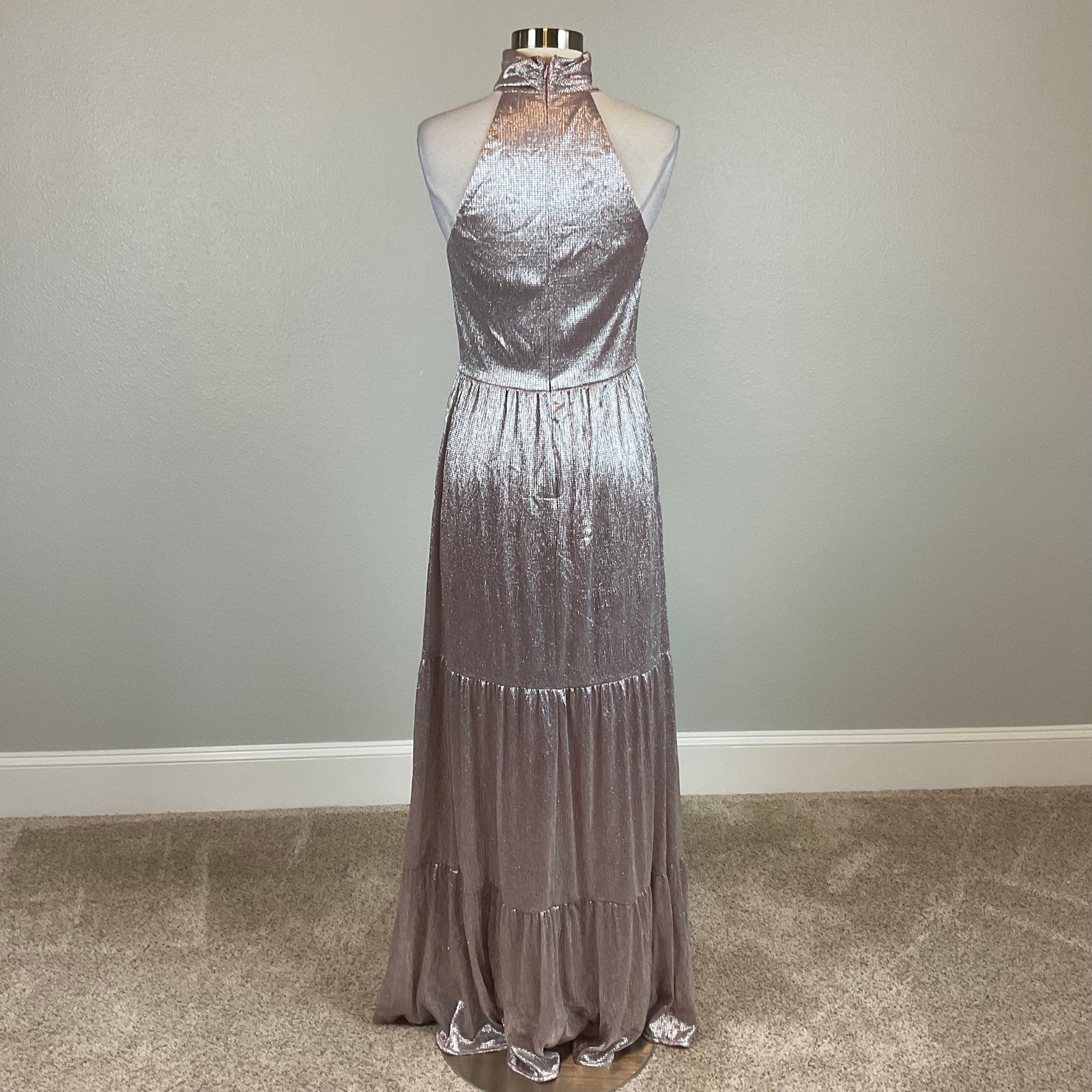 AQUA Pink and Silver Evening Gown Metallic A-Line Halter Maxi Dress Size 10