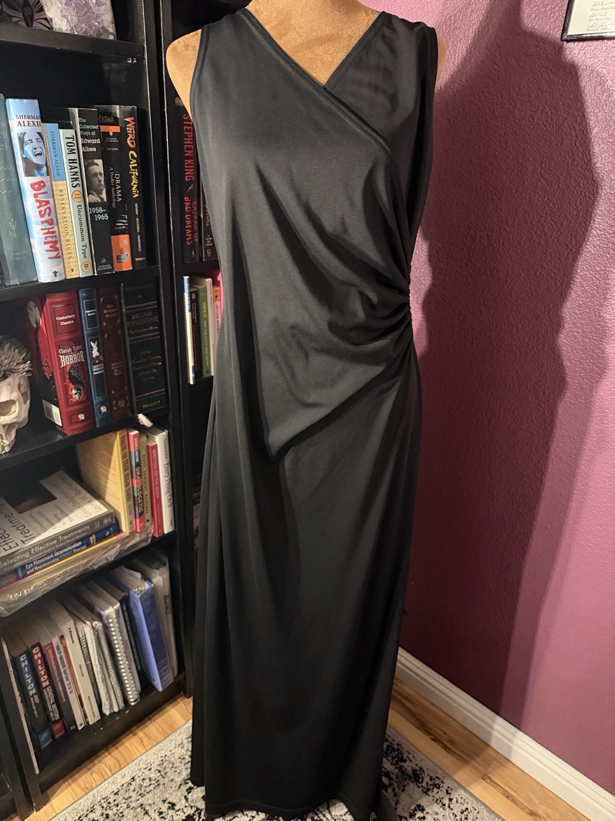 Vtg All That Jazz Women’s Sleeveless V wrap front Solid black Dress, Size LGE