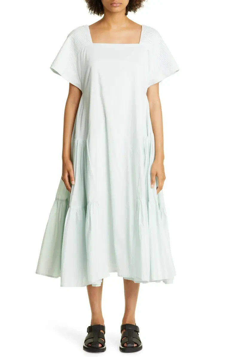 $500 MERLETTE Minne Pintuck Sleeve Tiered Pima Cotton Lawn Dress | Sea Mist | S