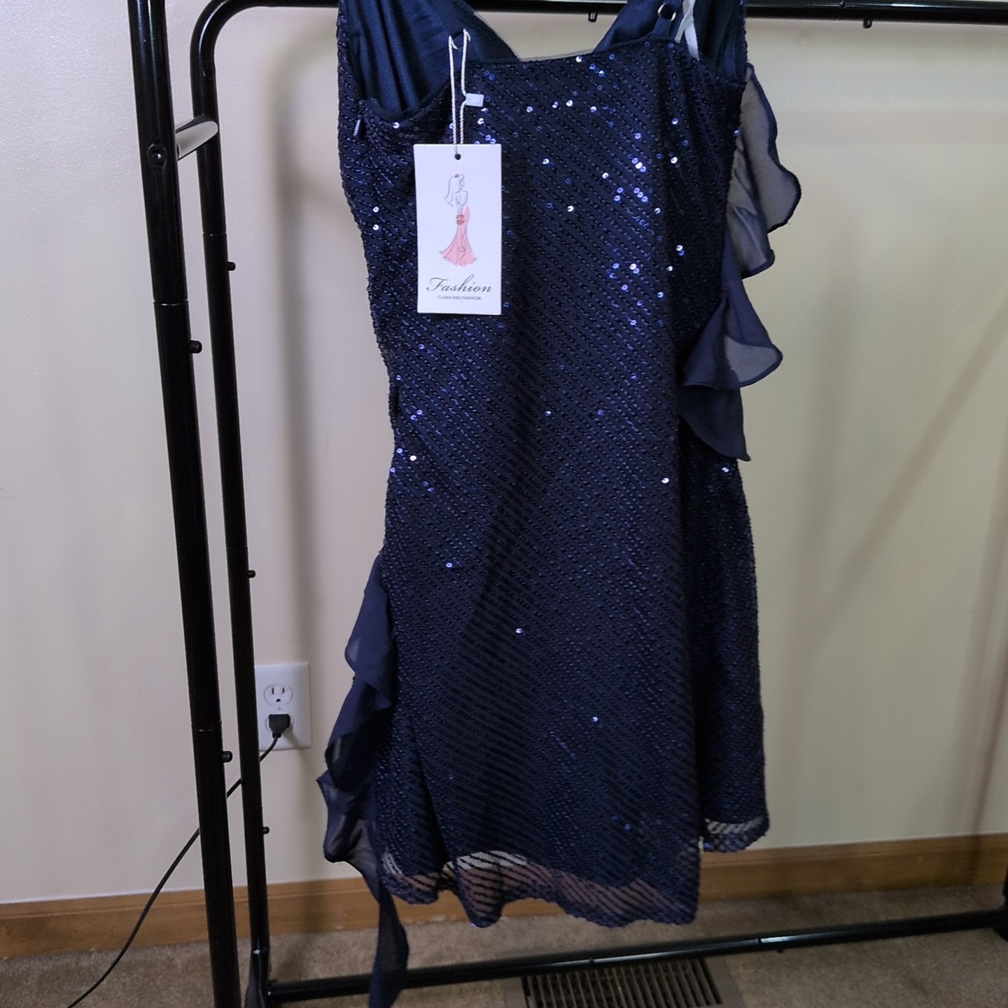Dark Blue Sequin Ruffle Cowl Neck Minidress Sz 2 NWT