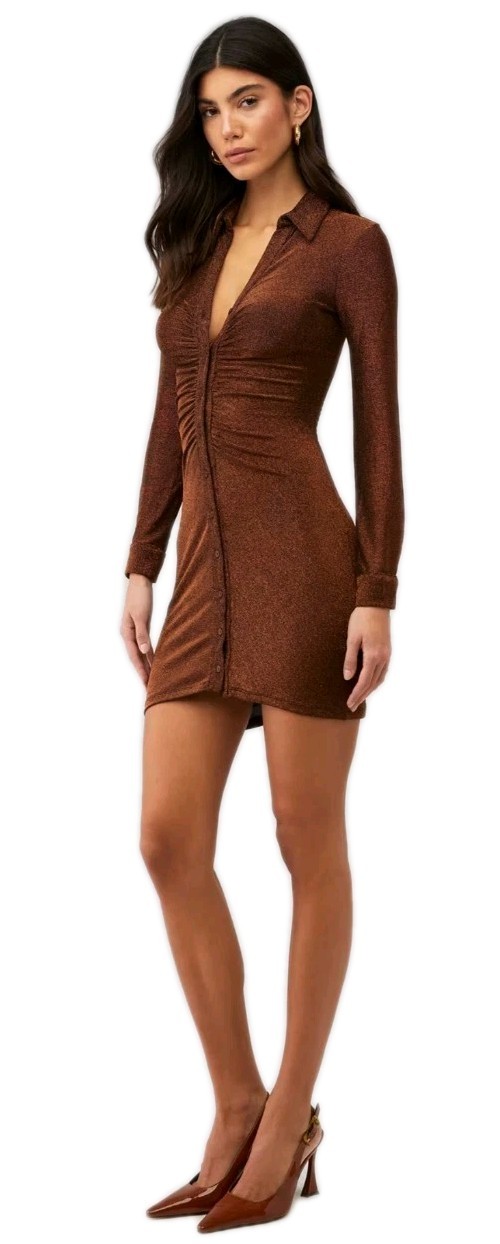 ASTR THE LABEL SzS Ambel Metallic Ruched Button-Down Bodycon Mini Dress Copper