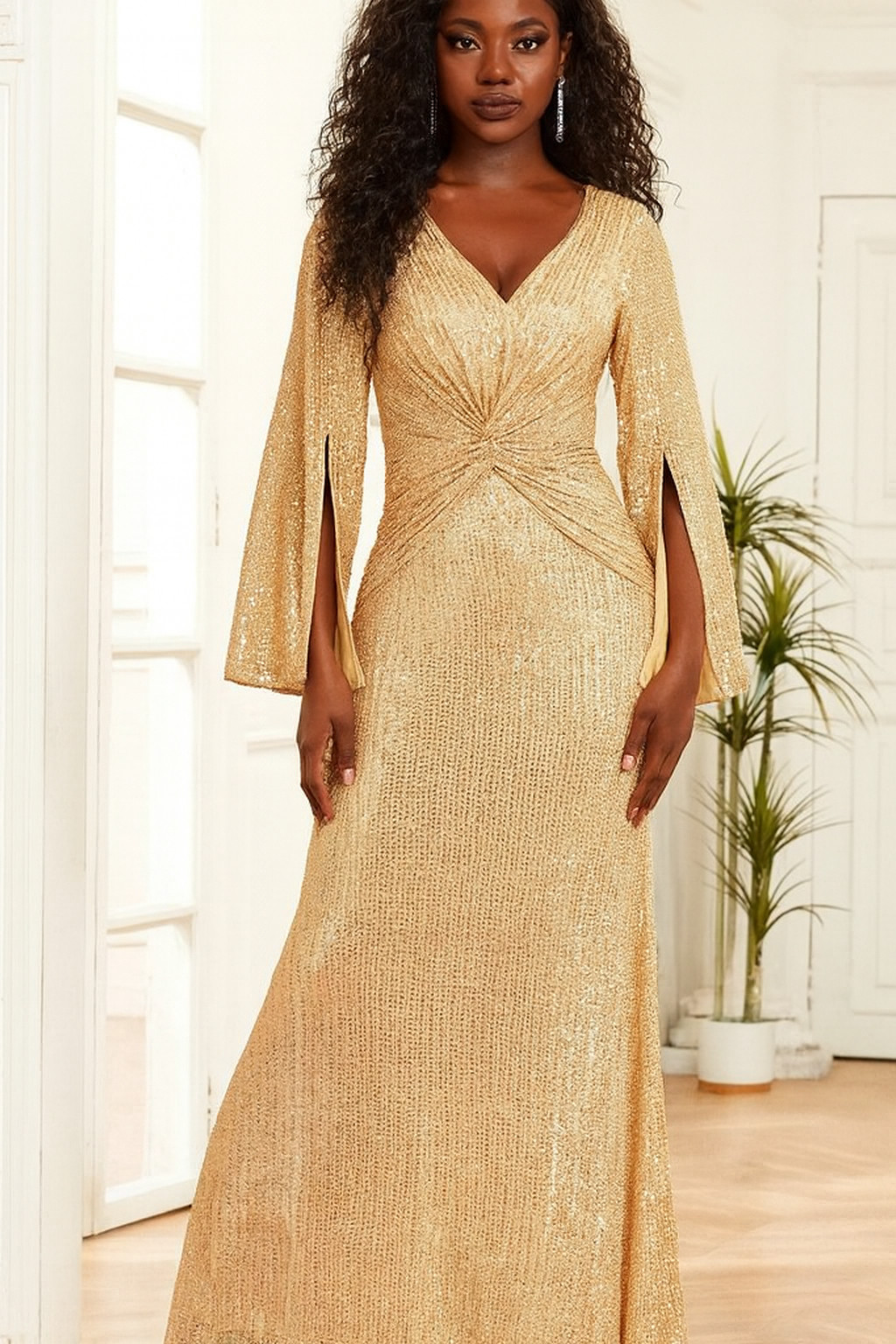 XUIBOL Split Sleeve Gold Mermaid Hem Sequin Prom Dress – 12 XL