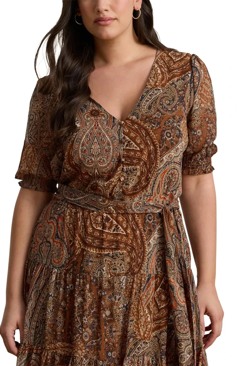 New RALPH LAUREN 18W Plus PAISLEY Belted Crinkle Georgette Dress $225