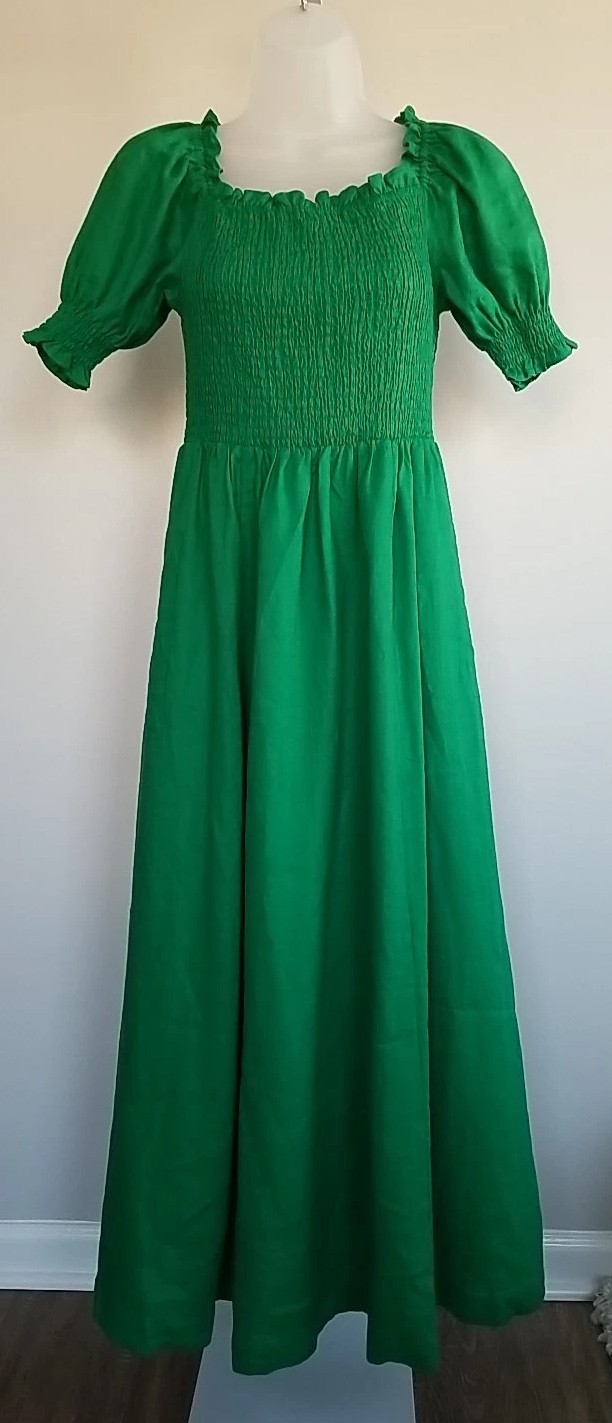 Boden Smocked Bodice Midi Linen Dress NWT US 4 Green