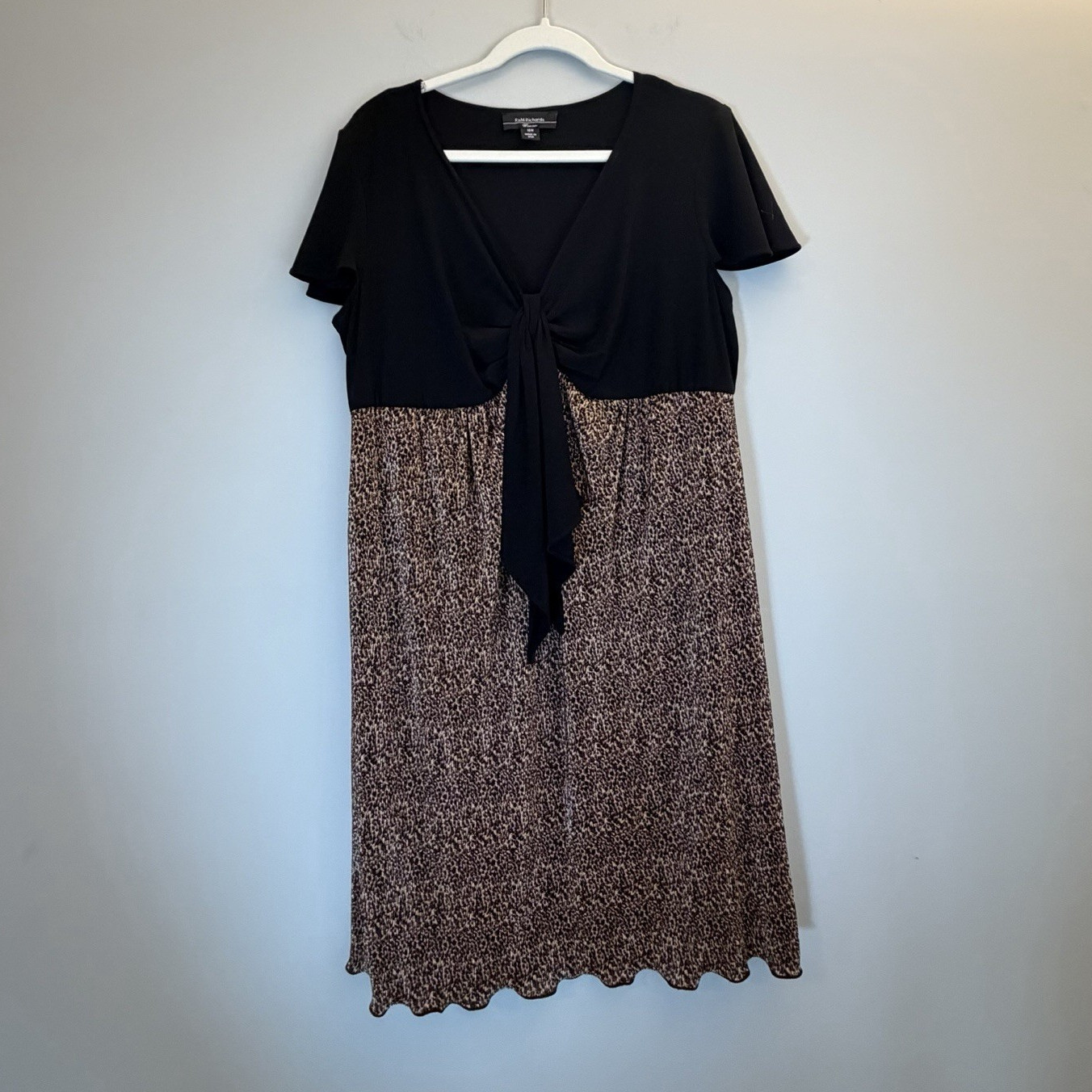 R&M Richards A-Line Dress V-Neck Animal Print Tie 16W Black Brown