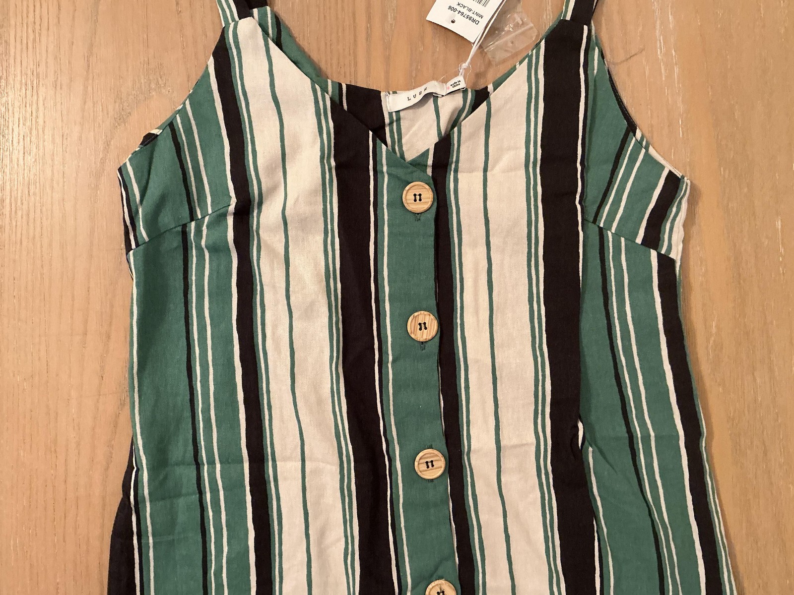 Lush Dress Womens Small Green Black Striped Button Front Linen Blend Sundress