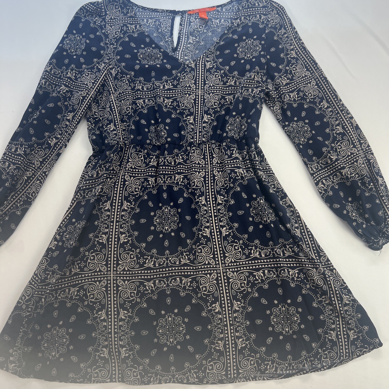 C&V Chelsea & Violet Blue And Tan Mini Dress Medium Long Sleeves Key Neck Button
