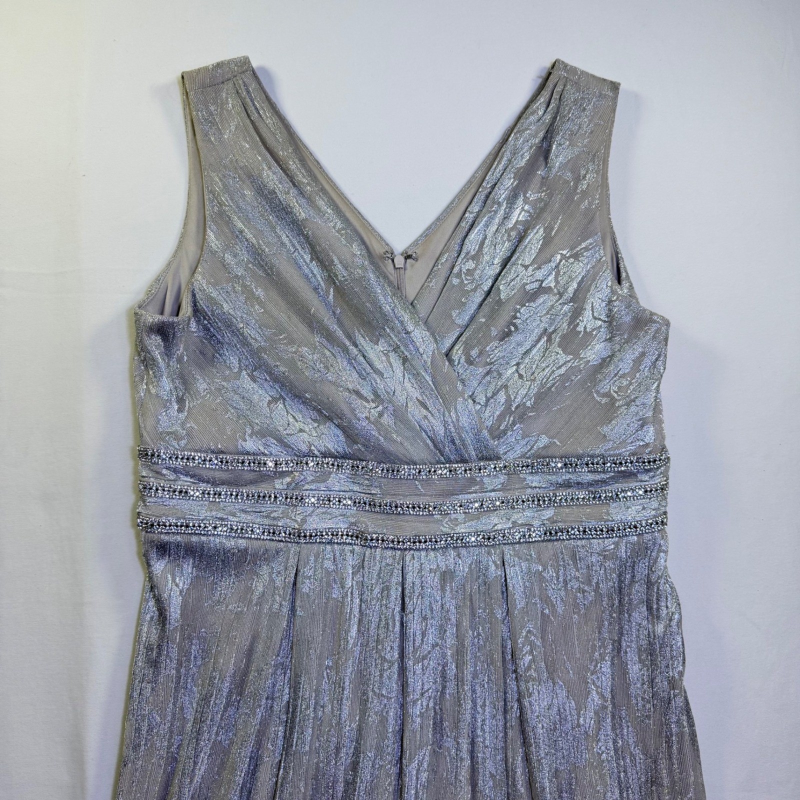 R&M Richards Silver Metallic Pleated Gown Beaded Empire Waist Formal Dress 14