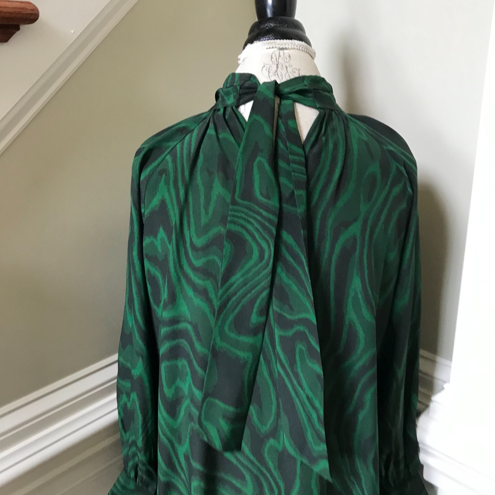 WHiT Anslem Shift Midi Dress Womens P XS Emerald Green Black Long Sleeve Silk