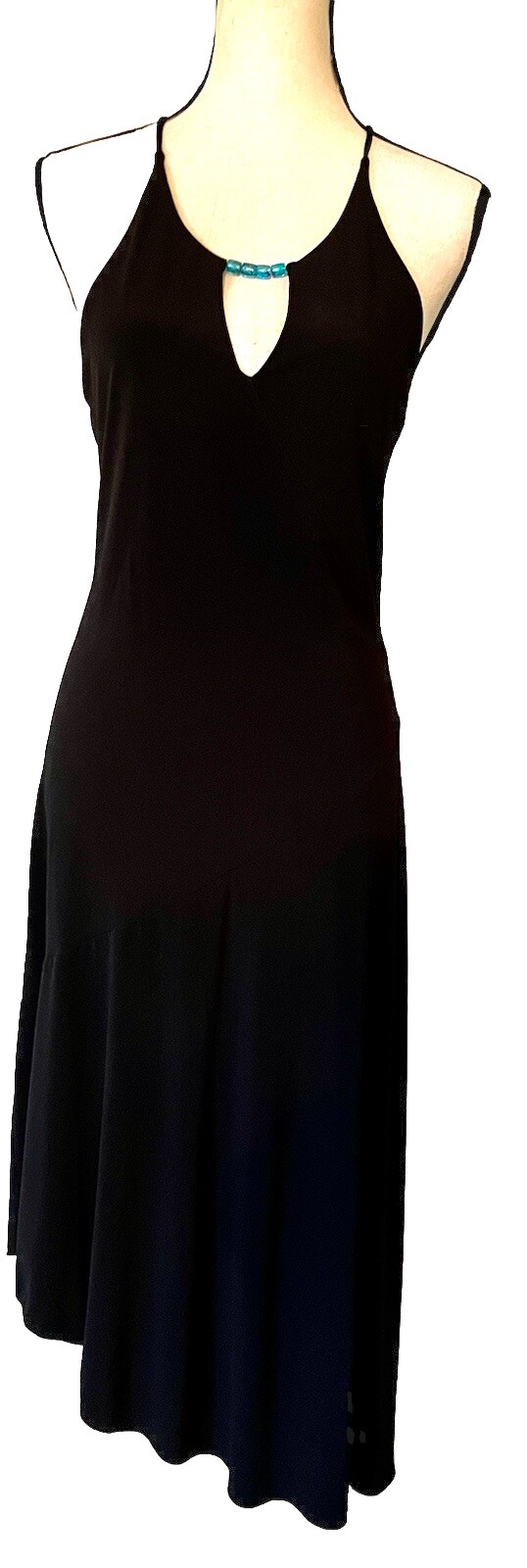 Q.U.E. Sz M Dress Black Asymmetrical Bead Accents Criss-Cross Straps in Back