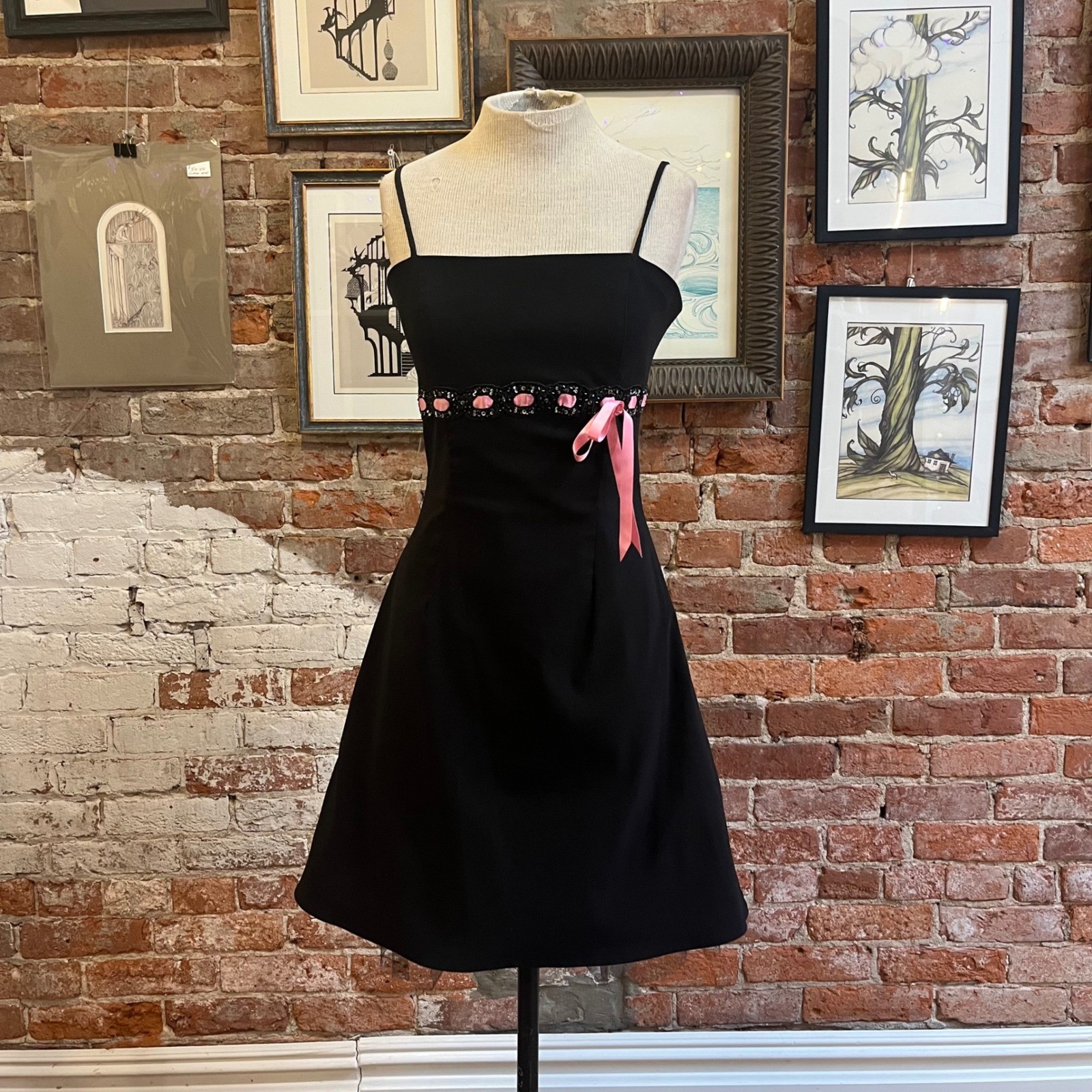 Pulse Y2k Black Pink Ribbon Beaded Empire Waist Mini Dress Tulle Bow – Large