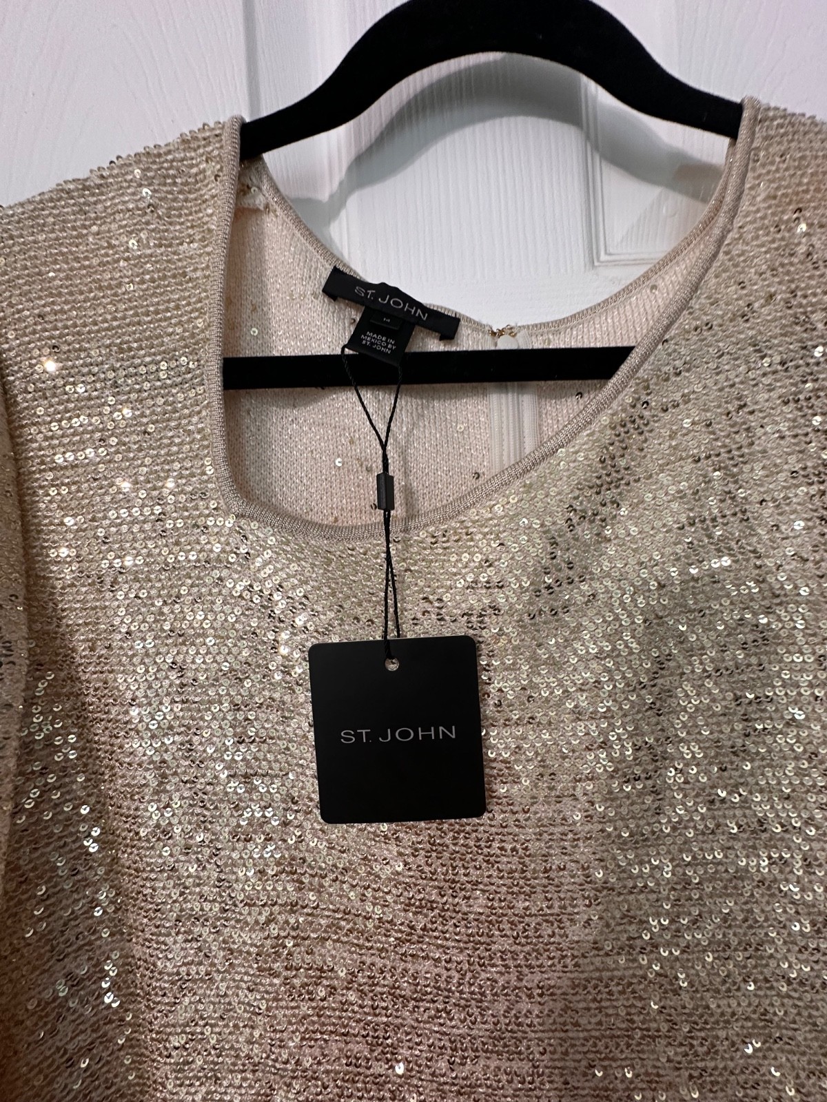 NWT St. John Gold Asymmetrical Neck Sequin Knit Cocktail Dress Size 14 MSRP $950