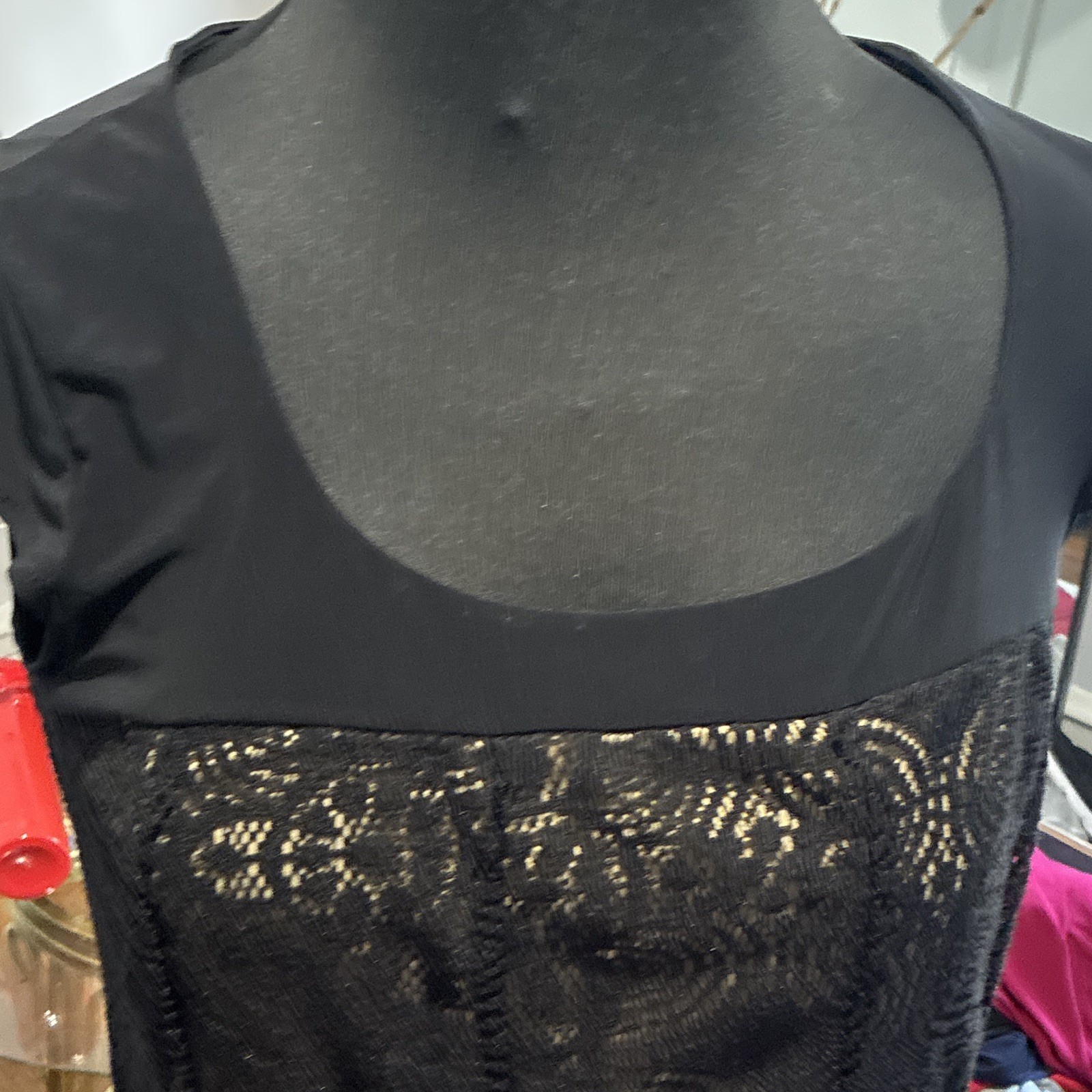 Karin Stevens Black Long A-Line Dress 10W Short Sleeve Scoop Neck Lace Floral
