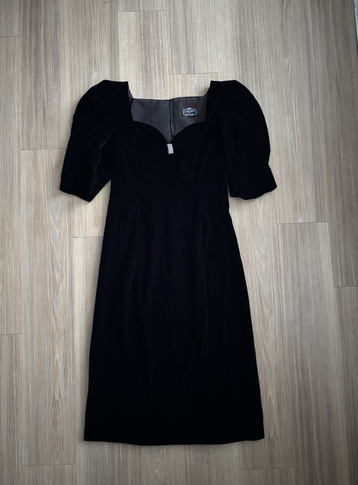 VTG 80s Cachet Bari Protas Dress Velvet Black Puff Sleeve Knee Womens 9/10 Party