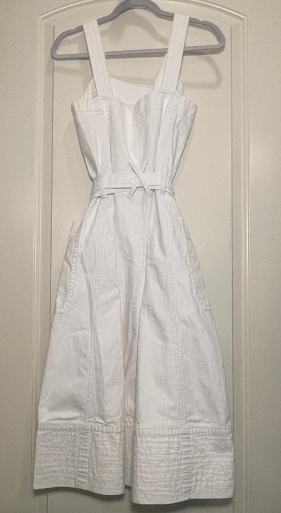Everlane Womens Ivory Denim Organic Cotton Strap Flare Dress/Pockets/Wide Sash S