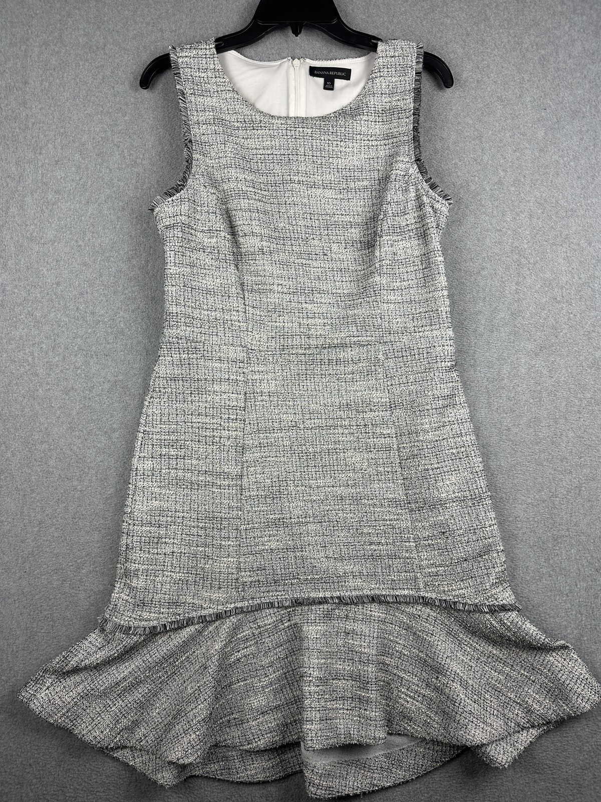 Banana Republic Dress Womens 10 Gray Tweed Sheath Drop Waist Ruffle Hi Low