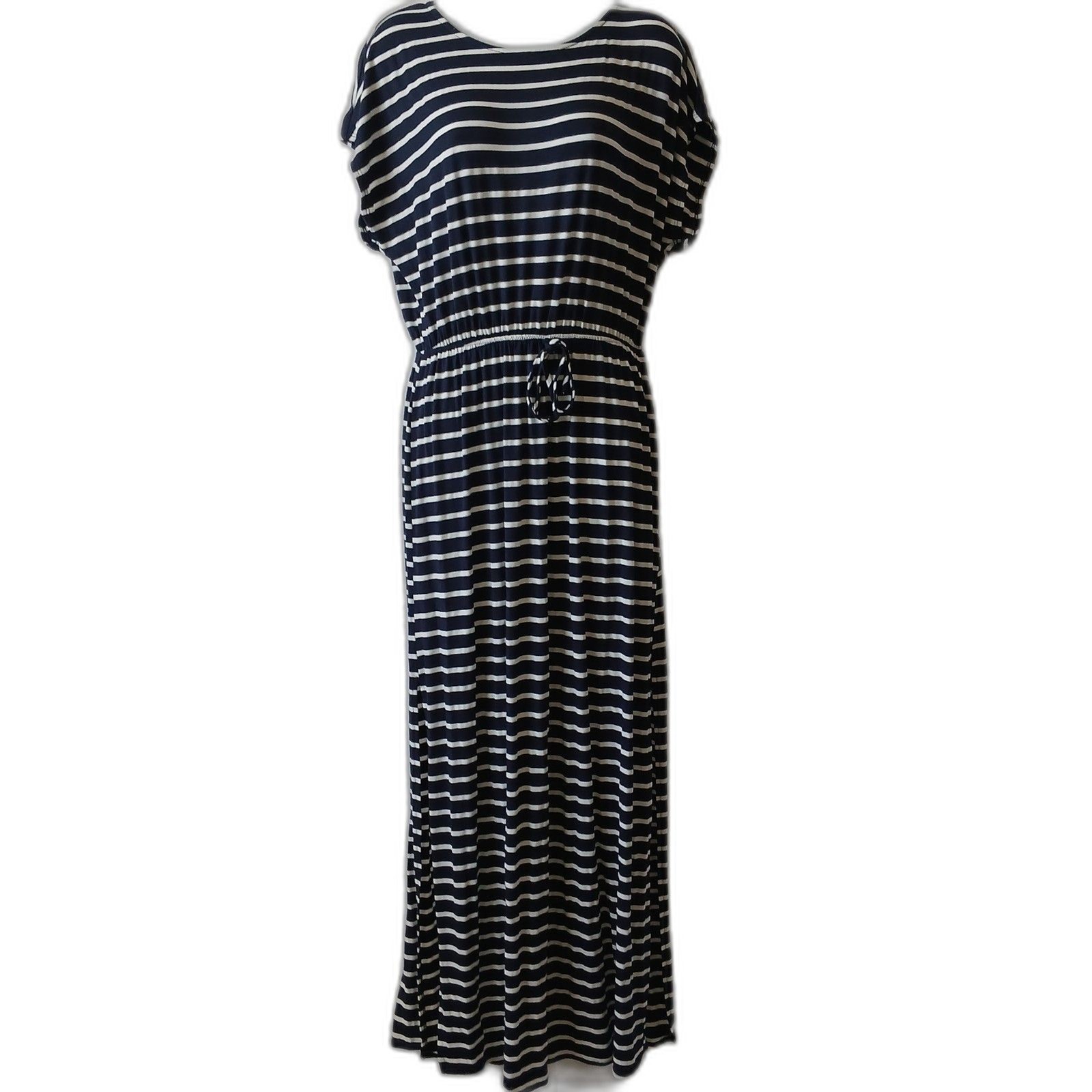 Green Envelope maxi dress black white stripe tie waist sz M Casual travel office
