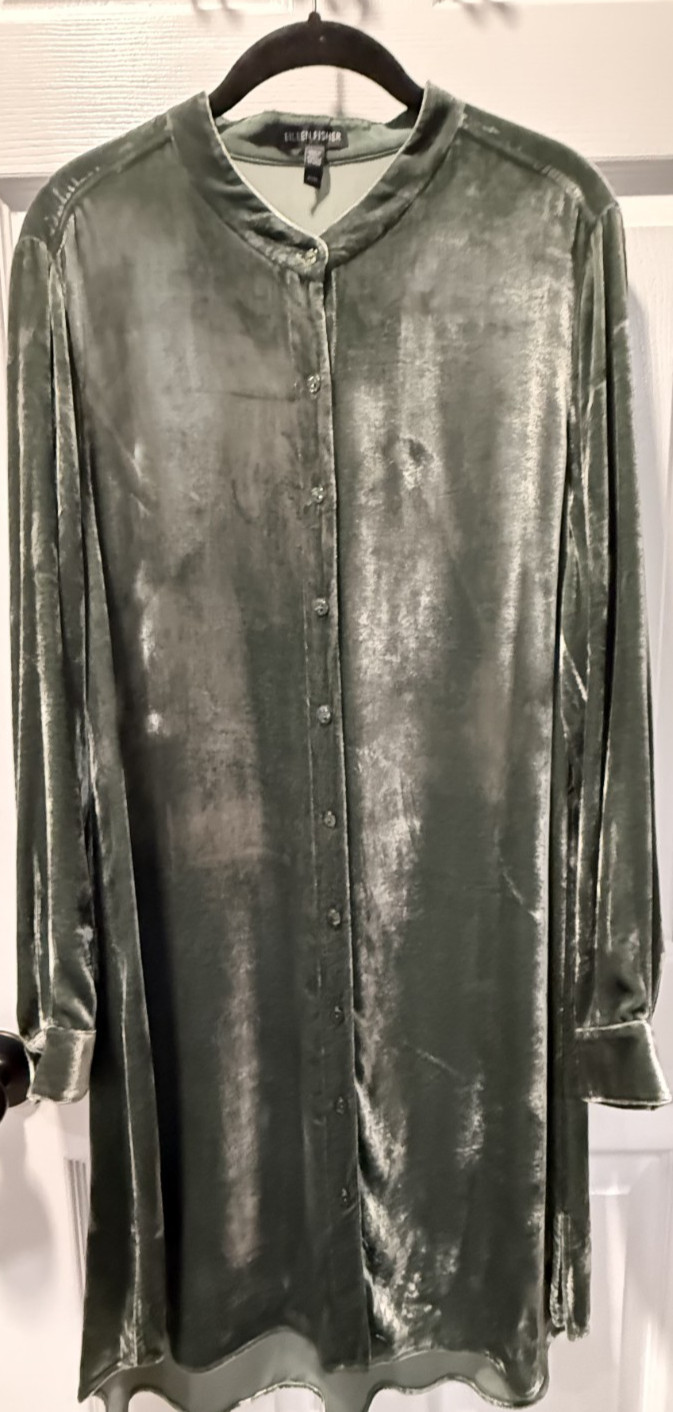 Eileen Fisher Green Velvet Mandarin Collar Shirt Dress Silk Rayon, Size MED