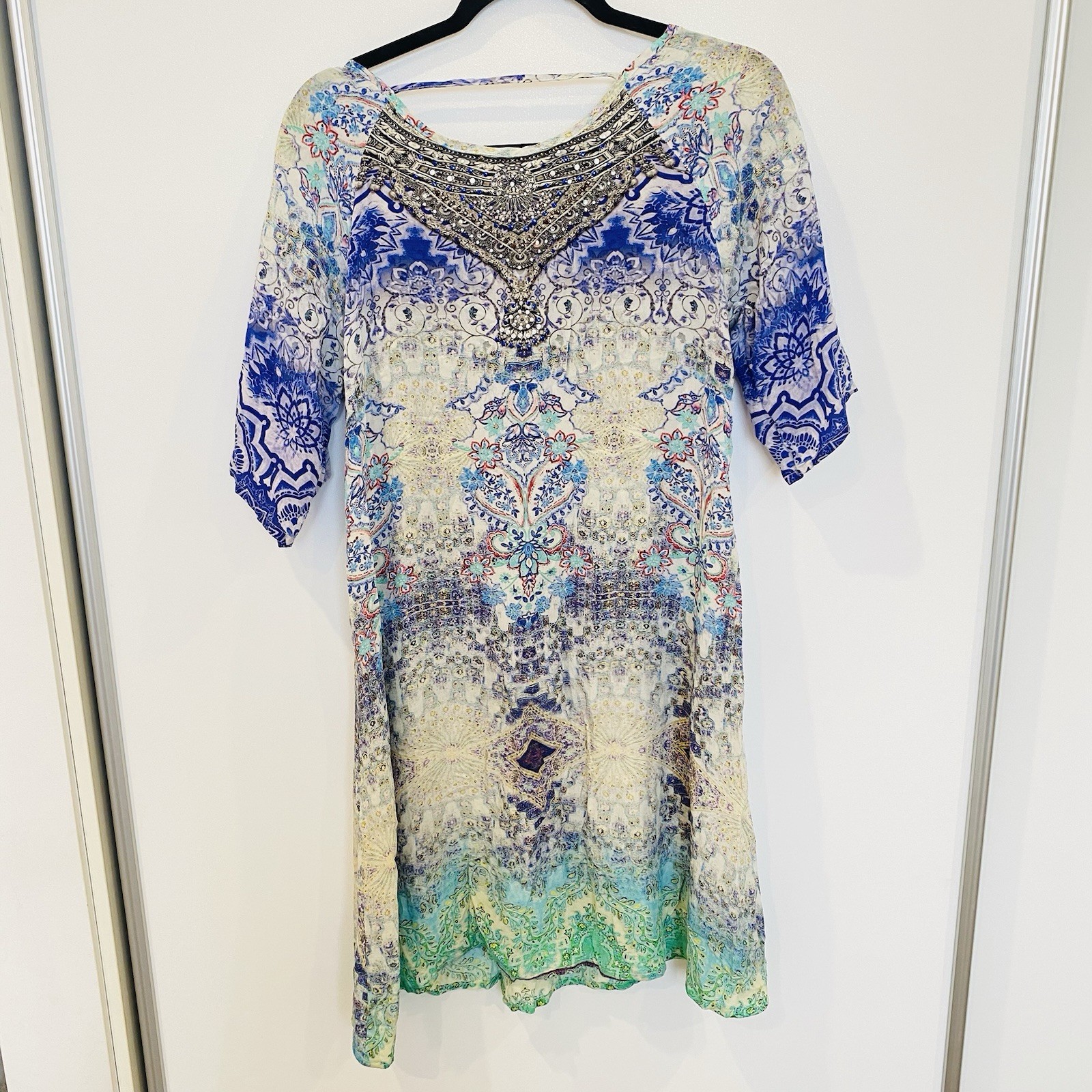 INOA 100% Silk Size 0 Blue Green Jewelled Aztec Patterned Kaftan Dress Boho