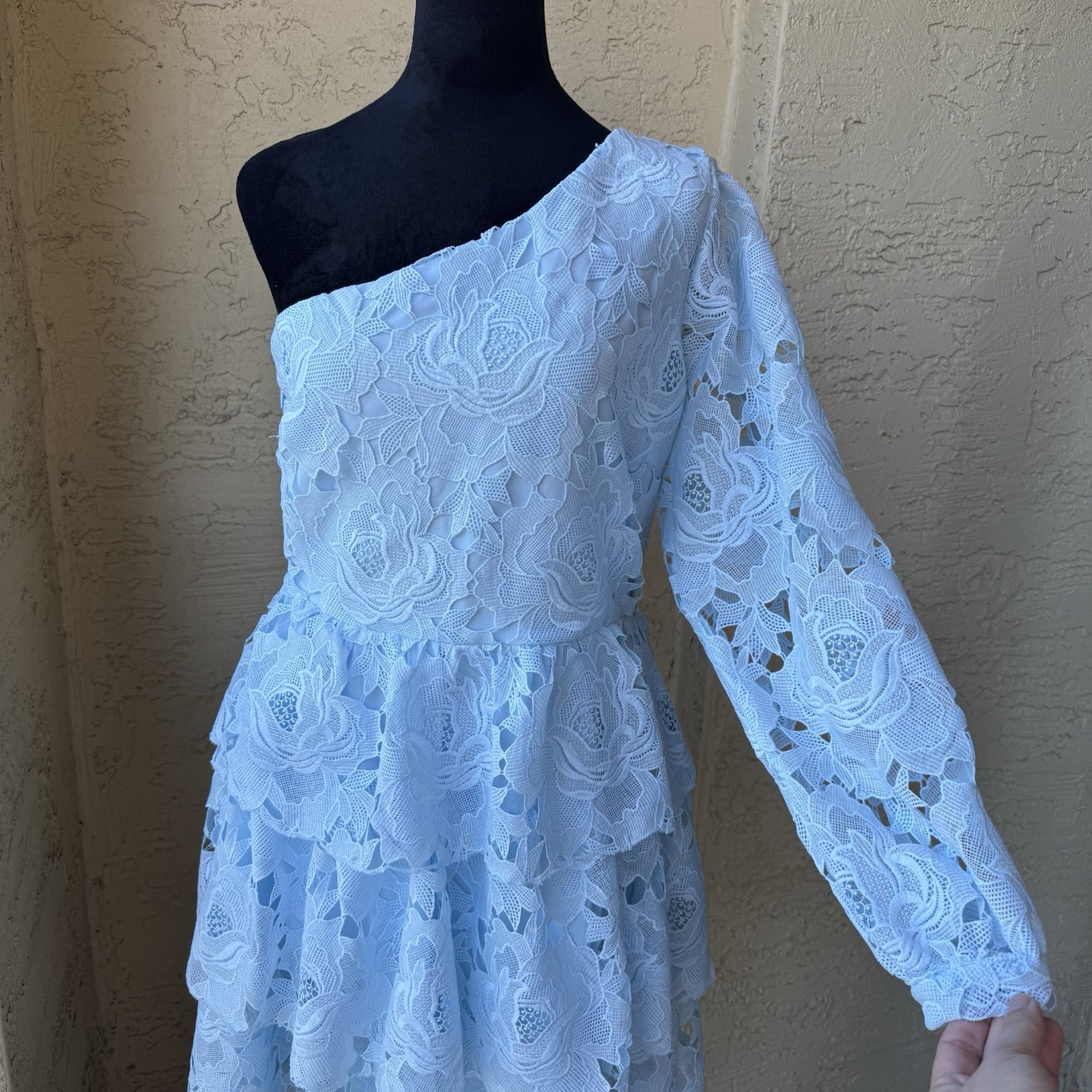 NWT Layered With Love One Sleeve Dress Sz M in Blue Sky Lace Above Knee
