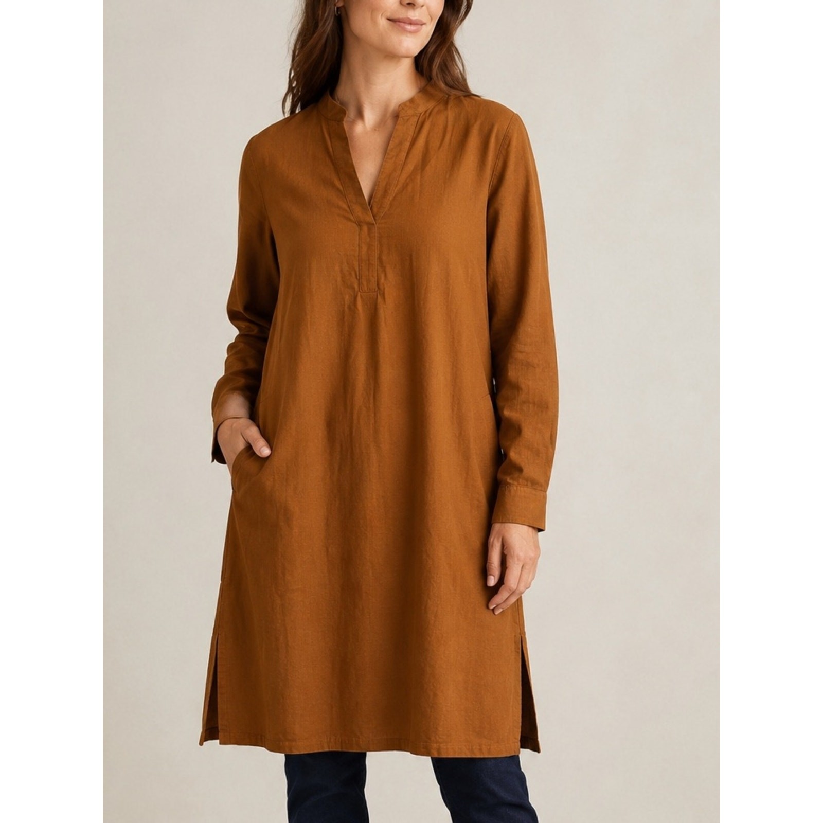 J.Jill Pure Jill Brown Cotton Tunic Dress Pockets Long Sleeve Size Small
