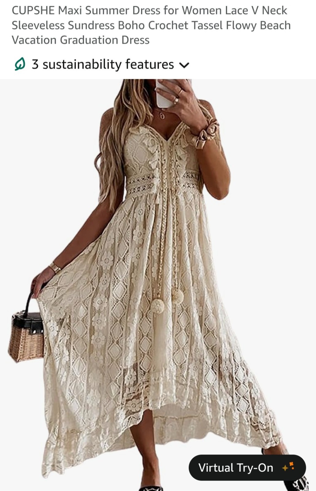 CUPSHE Maxi Women’s Flowy Lace Sundress-Cotton Blend-Size XXL-Beige-NWT