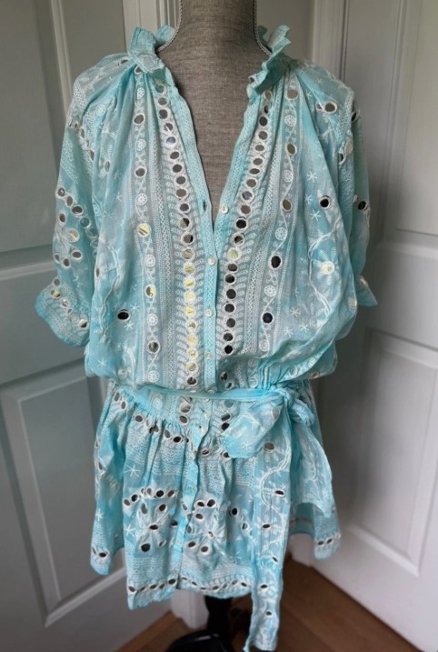 Juliet Dunn Blouson Ruffled Embellished Cotton Belted Mini Dress Size 2 (US 6/8)