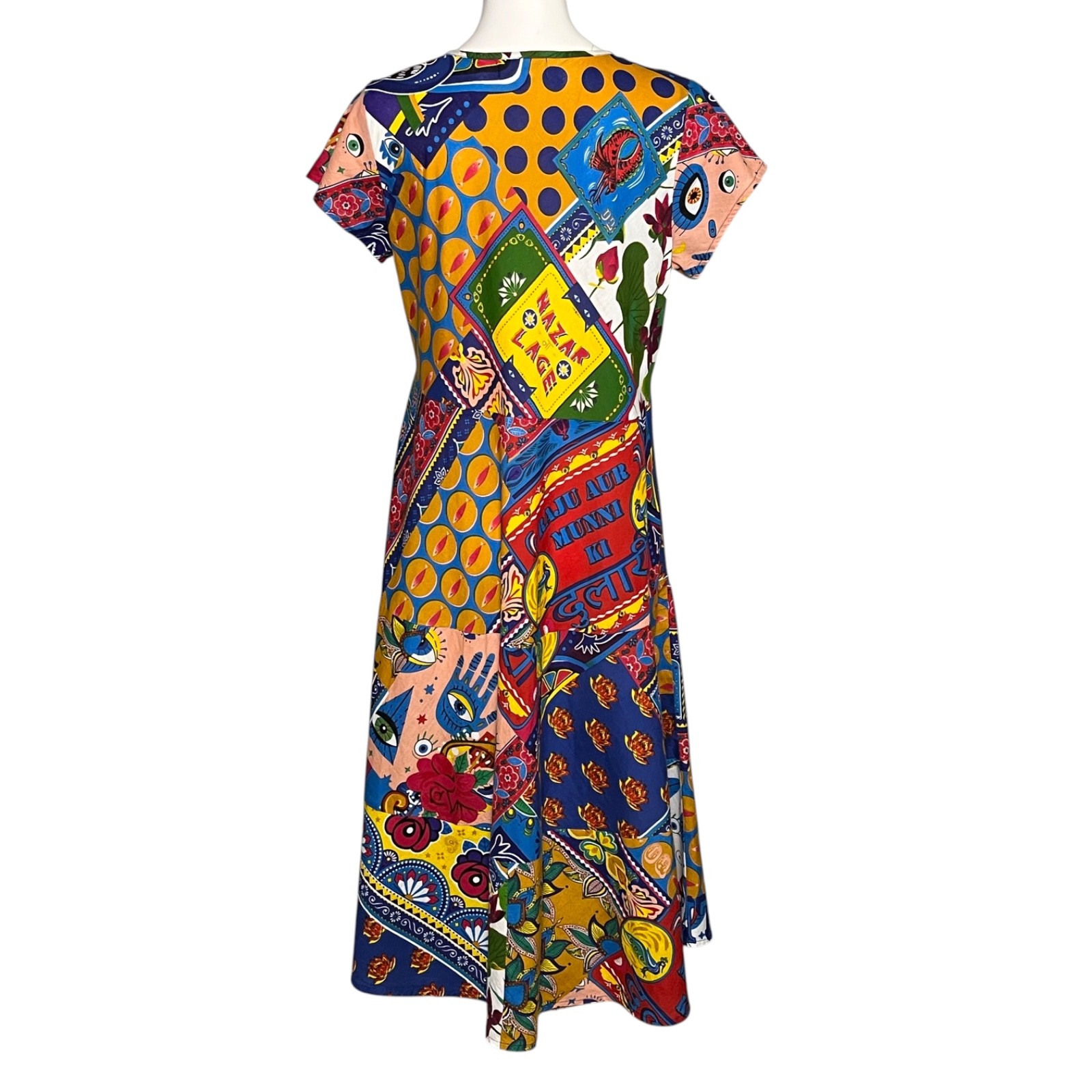 Orientique Amritsar Organic Cotton Patchwork Midi Dress Art Print Size Small