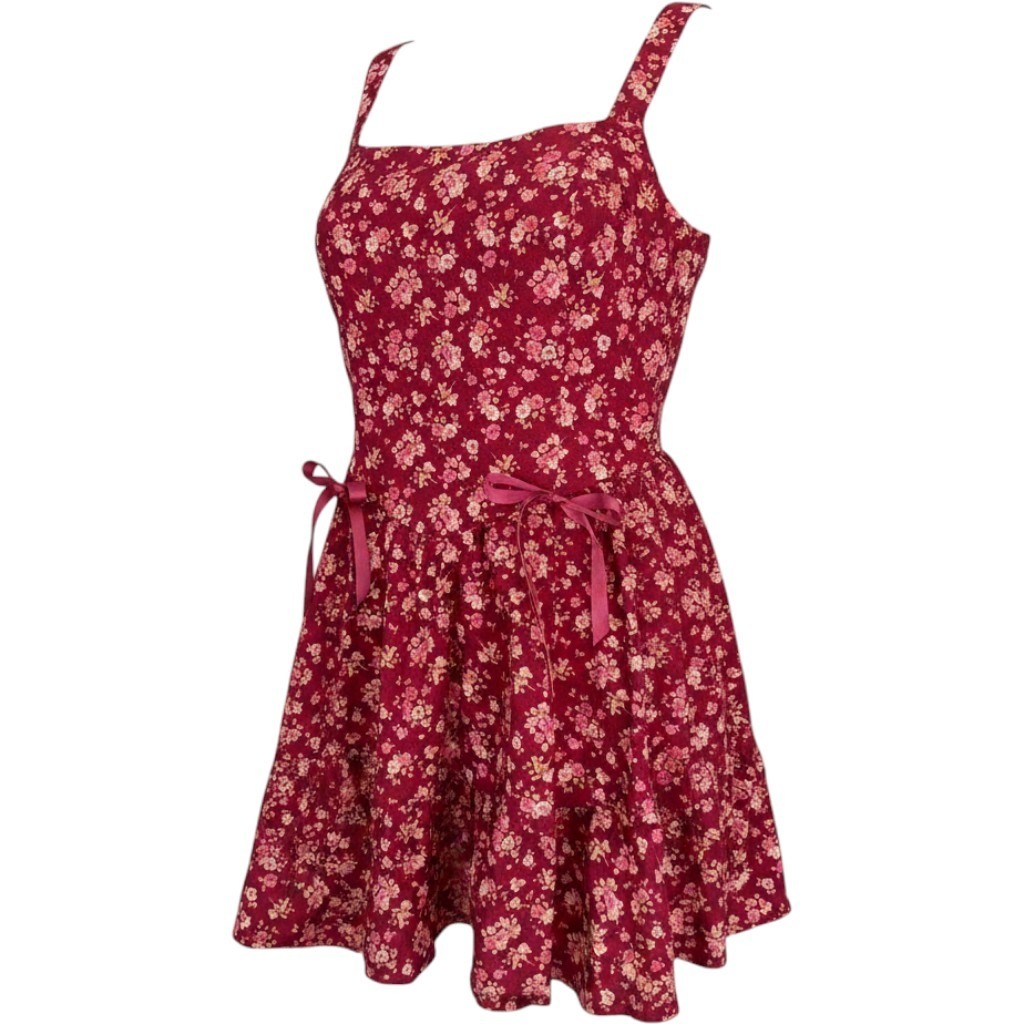 FRANCESCA’S Burgundy Floral Tiered Mini Dress Large Red Cotton Ruffle 26EY34ZCRD
