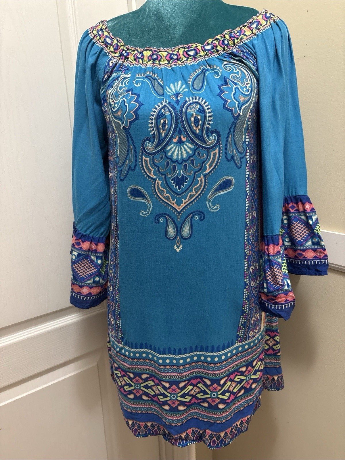 Flying Tomato Boho Off Shoulder Rayon Aqua Mini Dress Hippie Festival Medium