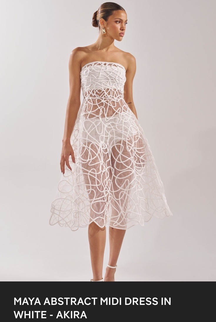 Akira M White Maya Abstract Structured Embroidered Corded Swirling Midi Dress