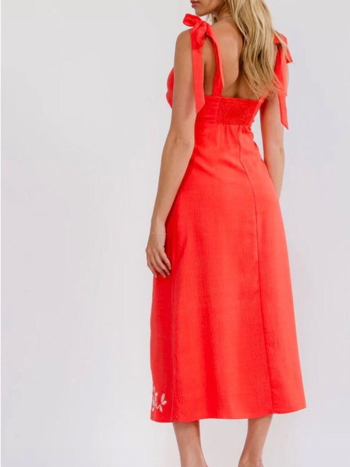 0287. Coral Embroidered V-Neck Midi Dress