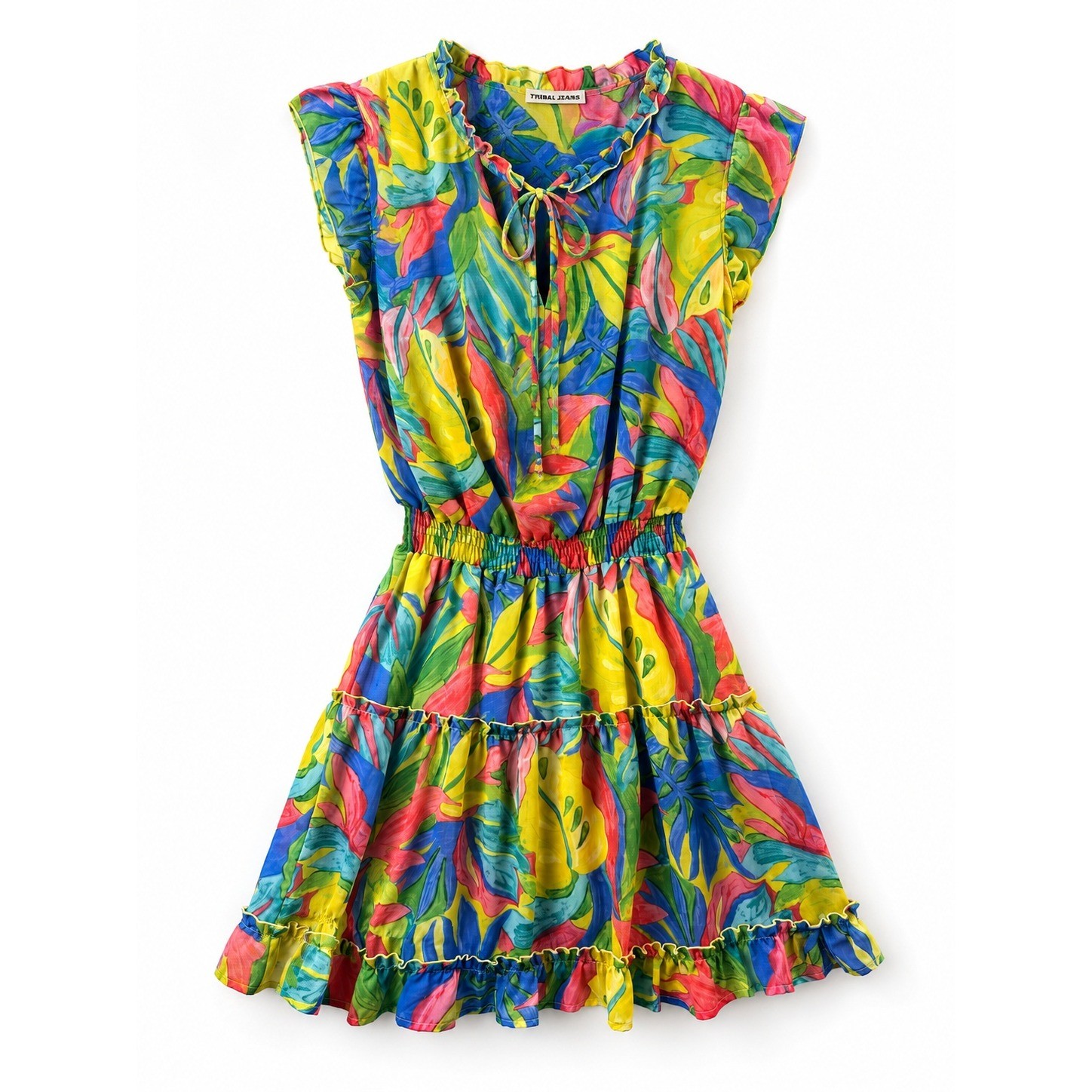 Kylie Paige Womens Tropical Leaf Print Smocked Waist Ruffle Mini Dress Colorful