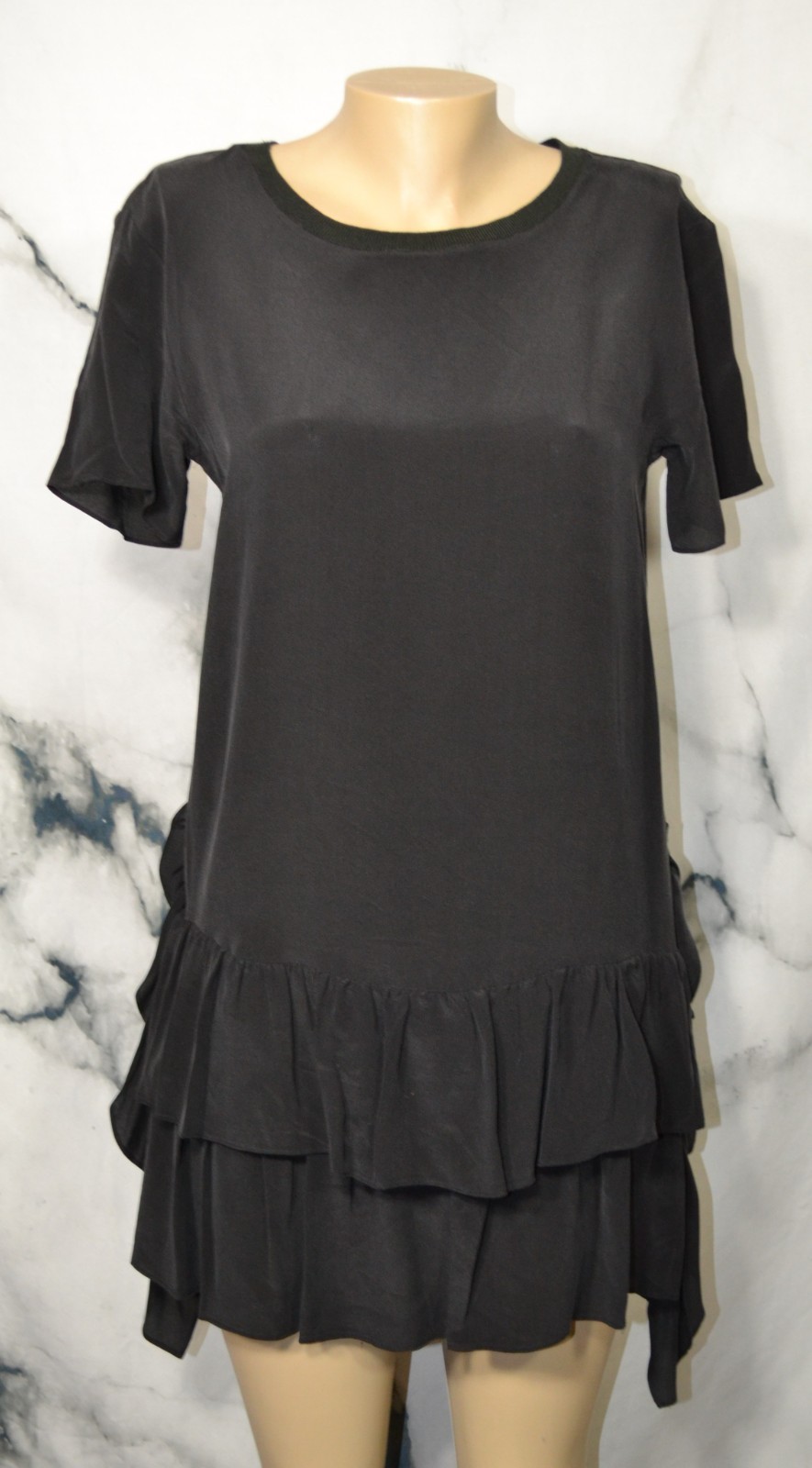 A LOVES A Black Silk Mini Dress XS Short Sleeves Ruffle Trim at Hem Unlined