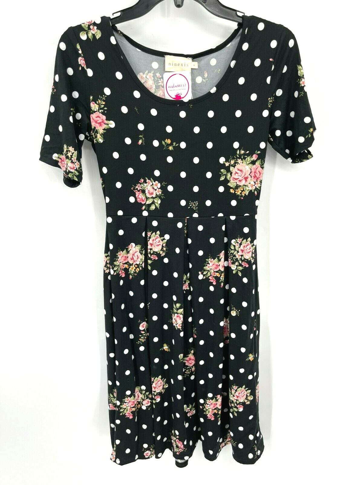 Ninexis Dress Womens Small Black Polka Dot Floral Romantic Boho Sheath